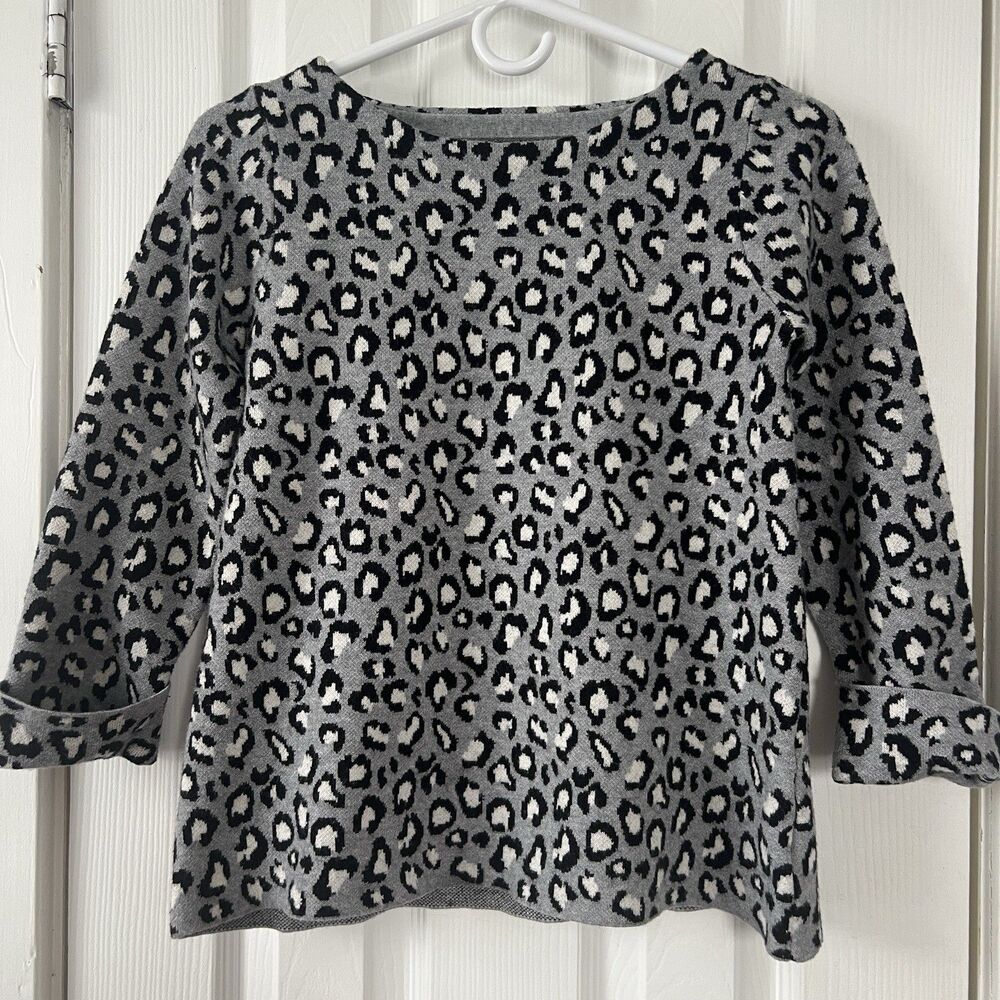 Tahari Womens Leopard Print Pullover Sweater Gray Crew Neck 3/4 Sleeve XS